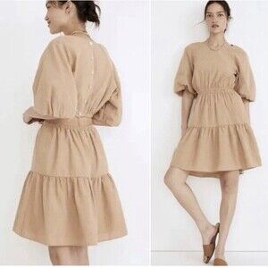 Madewell Seersucker Dress Puff Sleeves Cut Out Tan Khaki NWT Women’s XL